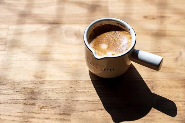Hot Coffee Espresso Americano Coffee Bean Older Wood Table Morning — Stock Photo, Image