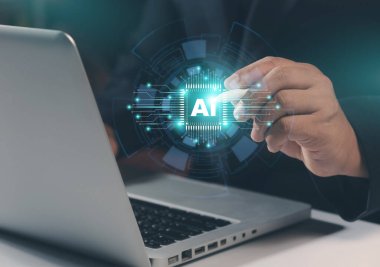 İnsan teknolojisi kullanan akıllı robot yapay zeka, komut girerek bir şeyler üretmek için yapay zeka, fütüristik teknoloji. Yapay Zeka (Ai) ile çalışan iş adamları).