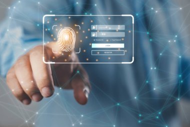Cyber security and Fingerprint login, User, identification information security and encryption. Technology secure access and connection data. Verify access information. Login form internet browser.