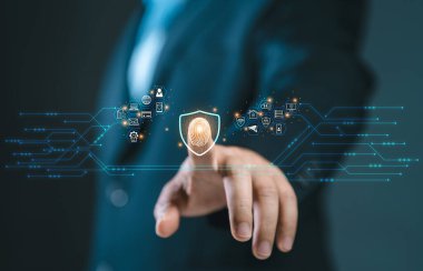 Verileri korumak için siber güvenlik ve gizlilik kavramları. Parmak izi ikonu ve internet ağ güvenliği teknolojisinde Business Finger Press. Sanal ekran arayüzleri. siber güvenlik.