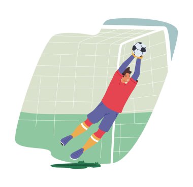 Futbol Turnuvasında kaleci zıplama ve yakalama topu Gates 'i savundu. Kaleci Sporcu Erkek Karakter Stadyumda Futbol Takımı Üniforması Giyer. Çizgi film İnsanları Vektör İllüstrasyonu