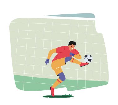 Futbol Turnuvası 'nda kaleci topa vuruyor, Gates' i savunuyor. Kaleci Erkek Karakter Dünya Ligi Turnuvası sırasında Stadyumda Futbol Takımı Üniforması Giyer. Çizgi film İnsanları Vektör İllüstrasyonu