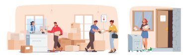 Posta servisi konsepti. Posta Ofisindekiler Paketleri Gönder, Posta Kutusuna Mektupları At, Erkek ve Kadın Karakterler Kamu Bölümü 'ne Paketleri Gönder ve Al. Çizgi film Vektör İllüstrasyonu