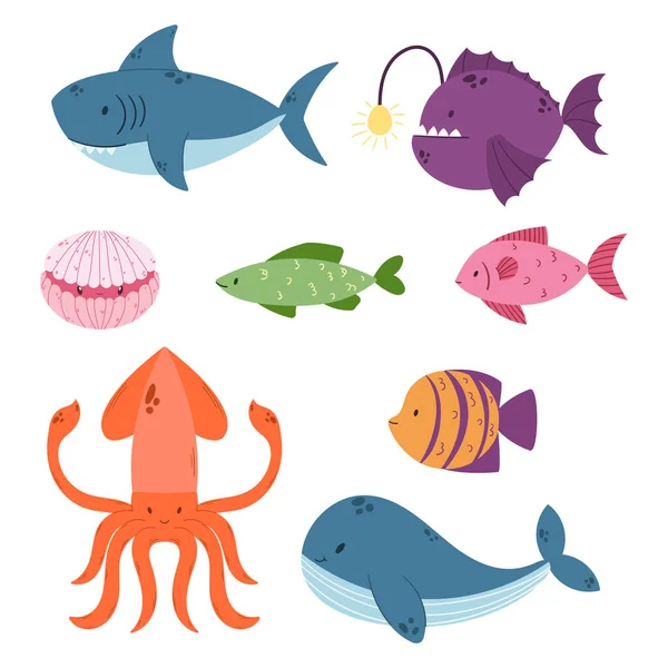 Set Of Underwater Animals Shark, Anglerfish And Shell. Blue Whale, Squid And Angel Fish Sea Characters. Childish Marine Fauna Creatures Isolated On White Background. Cartoon Vector Illustration