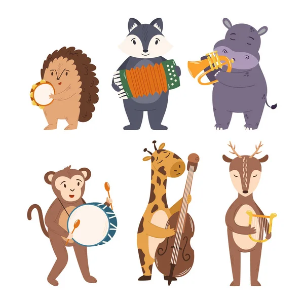 동물들은 음악을 Cute Hedgehog Fox Hippopotamus Monkey Giraffe Deer Playing — 스톡 벡터