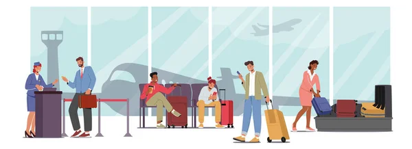 机场人员 男性和女性角色扫描行李 通行证登记和在有大窗户和大飞机的候机楼等候 空运处 卡通矢量图解 — 图库矢量图片