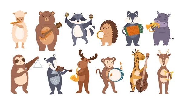 Set Animals Play Music Cute Sheep Bear Raccoon Hedgehog Badger — Stock Vector