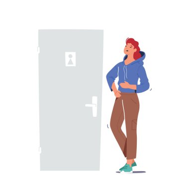 Tuvalete ya da lavaboya gitmek için acele eden bir kadın. Kızın acilen işemesi ya da kakası gelmiş. Mutsuz Kadın Karakteri Umumi Tuvalet Kabininden Kurtul. İdrarda sorun var. Çizgi film İnsanları Vektör İllüstrasyonu