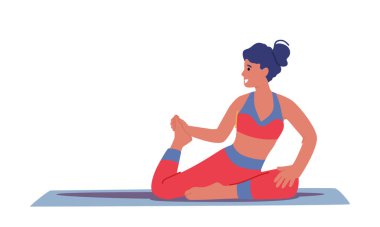 Kadın Spor Aktivitesi. Kusursuz Fiziksel Şekil Değişikliği, Yoga ya da Evde Aerobik Egzersizleri Kadın Karakteri. İyi Hissetmek ve Sağlıklı Yaşam İçin Aerobik Eğitim. Çizgi film İnsanları Vektör İllüstrasyonu