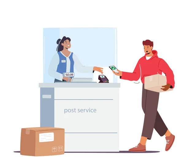 Een Man Die Het Postkantoor Bezoekt Man Karakter Holding Pakket — Stockvector