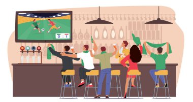 Futbol Taraftarları Gece Kulübü Arka Manzarası 'nda TV' de Maç İzliyor. En sevdiği takım için bira ve atkı tezahüratı yapan heyecanlı insanlar. Futbol Desteği Karakterleri. Çizgi film Vektör İllüstrasyonu