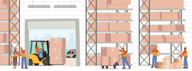 Endüstriyel Depo Lojistik ve Ticaret Konsepti. İşçi Karakterleri Forklift Kamyonu ile raflara kutuları yükleyip istifliyor. Kargo Deposu ve Nakliye. Çizgi film İnsanları Vektör İllüstrasyonu