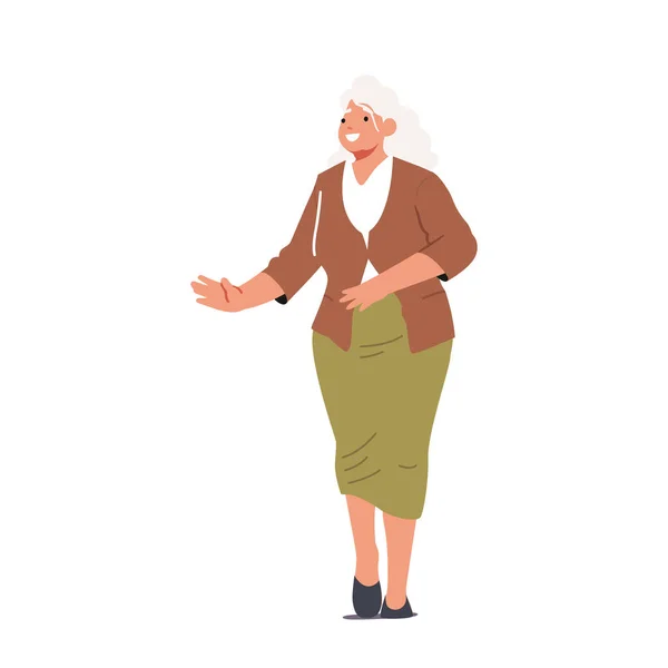 单个高级女性角色穿着白色背景下的衬衫和短裙 成熟积极的祖母 老年快乐的人 妇女的成长阶段 卡通人物矢量图解 — 图库矢量图片