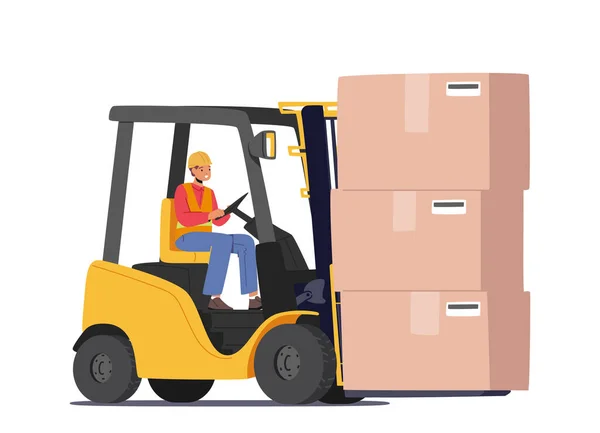 Logistics Φορτίου Και Αποθήκη Έννοια Υπηρεσία Οδηγώντας Περονοφόρα Ανυψωτικά Μηχανήματα — Διανυσματικό Αρχείο