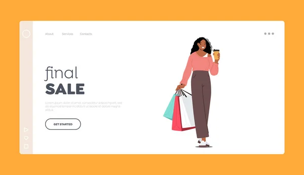Final Sale Discount Landing Page Template Black Shopaholic Girl Coffee — Stock Vector
