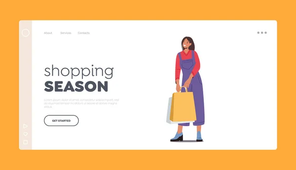 Alışveriş Sezonu Indirimi Indirimli Iniş Sayfası Şablonu Yanında Renkli Çantalar — Stok Vektör