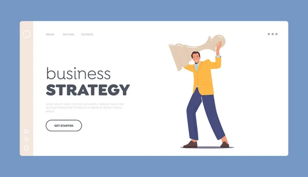 Šablona Stránky Business Strategy Landing Page Veselý Muž Drží Bílou — Stockový vektor