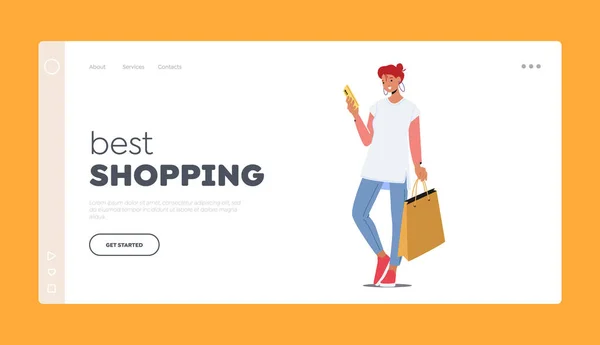 Best Shopping Landing Page Template Junge Kaukasierin Mit Bunten Taschen — Stockvektor