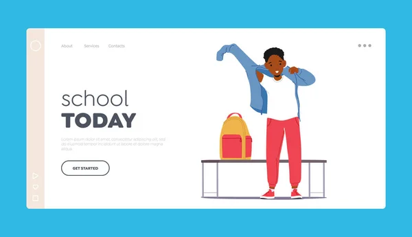 Schule Heute Landing Page Template Kleiner Schwarzer Junge Verkleidet Sich — Stockvektor
