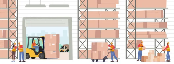 Industrial Warehouse Logistics Merchandising Concept Caracteres Trabalhador Carregando Empilhando Caixas — Vetor de Stock