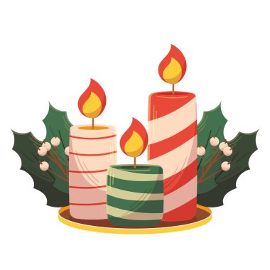 Holly Berry Yaprakları ile Yanan Mumlar, Noel Dekorasyonu, El Yapımı Dekoratif Element, Beyaz Arkaplanda Alevli Mumlar. Çizgi film Vektör İllüstrasyonu