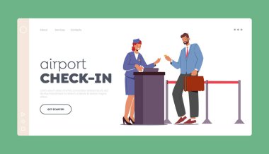Havaalanı kontrollü iniş sayfası şablonu. Çantalı Yolcu Dostane Personele Uçuş Kaydı için Belge ve Avia Biletini Verin. Kalkış Kontrol, kalkış. Çizgi film İnsanları Vektör İllüstrasyonu