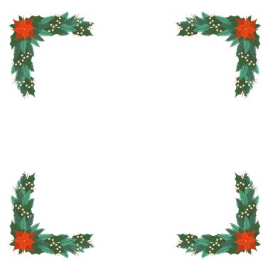 Spruce Branch Köşeli Noel çerçevesi, Dekoratif Meydan Sınırı Beyaz Arkaplan 'da izole edilmiş. Geleneksel Noel Çiçekleri, Yapraklar ve Böğürtlenli Xmas Dekoru. Çizgi film Vektör İllüstrasyonu