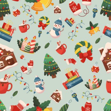 Noel ağacı, çelenk, çan ve çorap desenli kusursuz desenler. Zencefilli Kek Evi, Mumlar, Kardan Adam ve Mittens, Çelenk, Hediyeler, Kakao Kupası Xmas Tatil Malzemeleri. Çizgi film Vektör Döşeme Arkaplanı