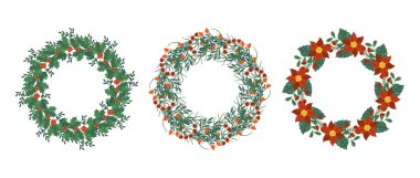 Noel Ağacı Çelenkleri Yalıtılmış Tasarım Elementleri, Bitkilerin Şenlikli Kış Dekorasyonu, firavun veya çam dalları, Yapraklar, Davetiye ve Çiçekler İçin Kırmızı Böğürtlen ve Kutlama Kartı. Çizgi film Vektör İllüstrasyonu