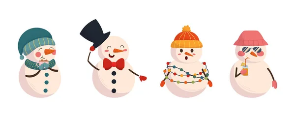 Set Muñecos Nieve Usar Sombreros Divertidos Personajes Año Nuevo Envolver — Vector de stock