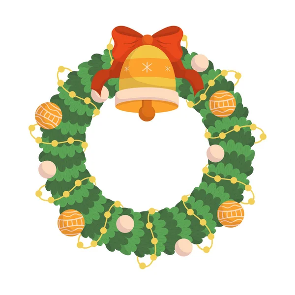 Christmas Wreath Bell Baubles Isolated White Background Traditional Xmas Decor — Stock Vector