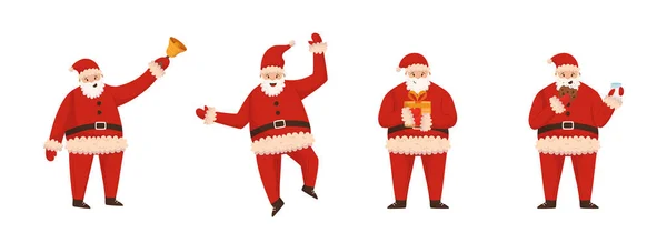 Lustige Nikolausglocke Tanz Geschenke Halten Milch Mit Plätzchen Trinken Weihnachtsfigur — Stockvektor