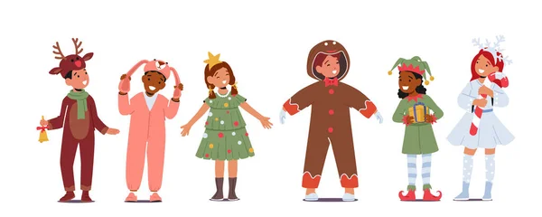 Kinder Weihnachtskostümen Mädchen Und Jungen Bei Der Schul Oder Kindergartenmatinee — Stockvektor