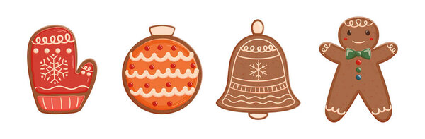 Set of Christmas Cookies Gingerbread Man, Mitten and Ball with Icing Isolated on White Background. Xmas Festive Pastry, Fresh Decorated Bakery for Winter Holidays. Cartoon Vector Illustration