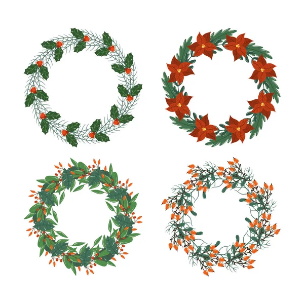 stock vector Set of Christmas Tree Wreaths, Isolated Winter Decoration of Plants, Fir or Pine Branches, Leaves and Flowers. Festive Design Elements for Xmas Invitation or Greeting Card. Cartoon Vector Illustration