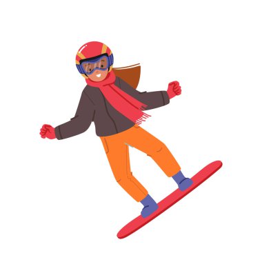 Snowboard 'a atlayan Küçük Kız Snowboardcu Karakteri Beyaz Arkaplanda tecrit edildi. Çocuklar için Snowboard Kış Spor Aktivitesi, Çocuklar için Spor Sınıfları. Çizgi film İnsanları Vektör İllüstrasyonu