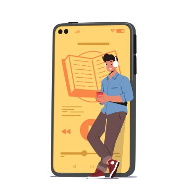 Genç adam Devasa Akıllı Telefon 'un önünde duruyor. Kulaklıklı Kitap' ı dinle. Elektronik kütüphane kavramı, E-kitap okumak, eğitim. Erkek Karakteriyle Dünya Kitap Okuma Günü. Çizgi film Vektör İllüstrasyonu