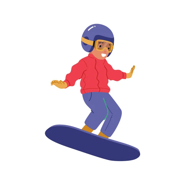 Μικρό Παιδί Snowboarder Χαρακτήρα Άλμα Στο Snowboard Απομονωμένο Λευκό Φόντο — Διανυσματικό Αρχείο