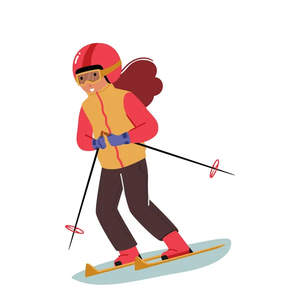 暖かいスポーツ衣装とゴーグルを身に着けている少女スキー子供は白い背景に隔離されたスキーで下り坂に行く 冬のスポーツ 屋外レジャー アクティブスペアタイム 漫画ベクターイラスト — ストックベクタ