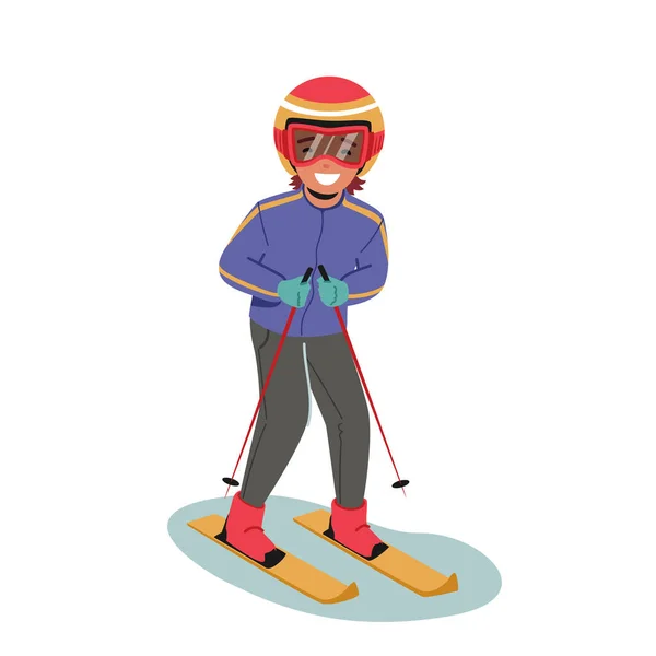 白い背景に隔離された小さな男の子スキー屋外レジャー 冬のスポーツ活動 コスチュームとゴーグルを身に着けている子供はスキーで下り坂に行く 子供のアクティブスペアタイム 漫画ベクターイラスト — ストックベクタ