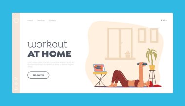 Ev İniş Şablonu 'nda egzersiz. Kadın, dizüstü bilgisayarında ağırlık çalışıyor ve antrenman izliyor. Spor Giyim 'de Kadın Karakteri Ellerinde Ağır Disklerle Yerde Uzanıyor. Çizgi film Vektör İllüstrasyonu