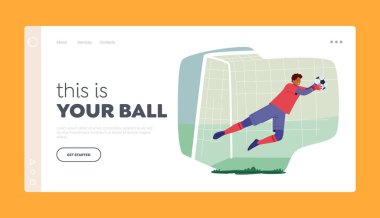 Futbol Turnuvası İniş Şablonu. Kaleci, Futbol Takımı Üniformalı Atlama ve Yakala Topunu Havada Giyiyor. Stadyumda Atletizm Oyuncusu Erkek Karakteri. Çizgi film İnsanları Vektör İllüstrasyonu