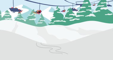İnsanlar Füniküler 'de Mountain Ski Resort' ta, Alps Winter Landscape 'te Ropeway' de, Snowy Rock Peaks 'te, Spruces' de ve Sportsmen 'de doğa arka planında. Çizgi film Vektör İllüstrasyonu