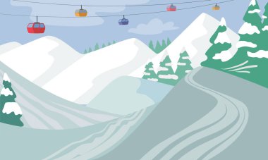 Dağ Kayak Merkezi, Alps Kış Manzarası Ropeway, Karlı Kaya Tepeleri, Spruces, Cable Car, Funicular. Doğa Arkaplanı, Ekstrem Kayak ve Kayak için Yer. Çizgi film Vektör İllüstrasyonu
