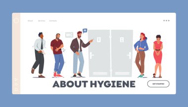 Tuvalet İniş Şablonu Kuyruğu. İnsanlar WC kapısında kuyrukta bekliyor. Karakterler, umumi tuvalette mesanesi dolu ya da midesi dolu olarak Malaise hisseder. Çizgi film İnsanları Vektör İllüstrasyonu