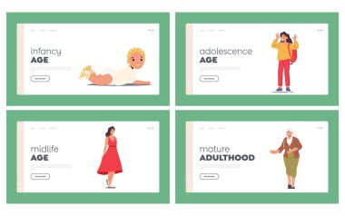 Büyüme İniş Sayfası Şablonu Kız Aşamaları. Kadın Karakter Yaşam Döngüsü. Farklı Çağlarda Yeni Doğan Kadın, Küçük Çocuk, Genç, Yetişkin ve Yaşlı Nesiller. Çizgi film Vektör İllüstrasyonu