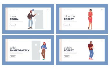 Tuvalet İniş Şablonu Ayarına Geç. İnsanlar tuvaletin kapısında bekliyor. Mutsuz erkek ve kadın karakterler, umumi tuvalette mesaneleri ya da midesi dolu bir şekilde Malaise hissederler. Çizgi film Vektör İllüstrasyonu