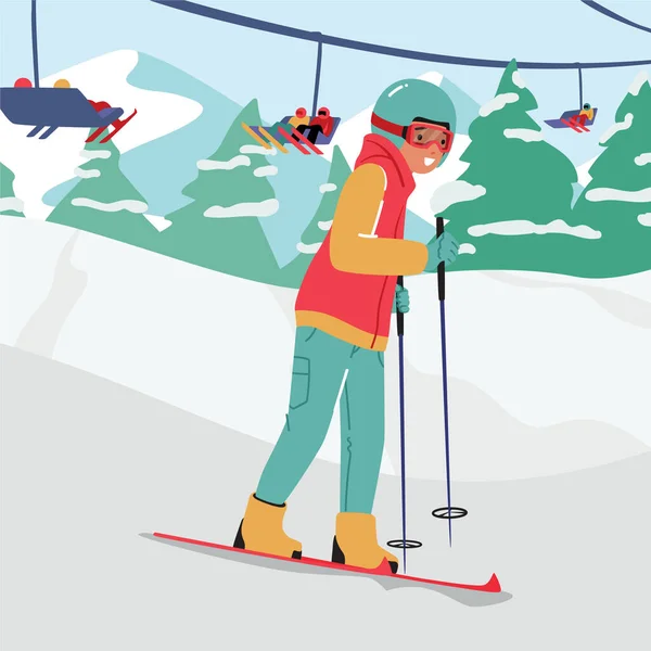 Teen Boy Skiing Mountain Resort Ropeway Child Wear Sportive Costume — Stock Vector