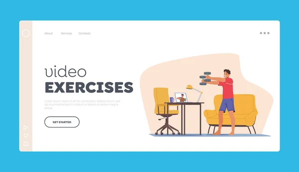 Video Exercises Landing Page Template 덤벨보기 스포츠 Laptop Sportsman Male — 스톡 벡터