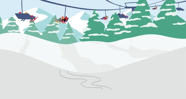 Människor Lyft Funicular Mountain Ski Resort Alperna Vinterlandskap Med Ropeway — Stock vektor